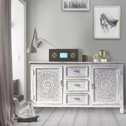 Antique White Mango Wood Handcrafted Farmhouse Carved Sideboard Console Buffet with 2-Engraved Doors and 3-Drawers by The Urban Port -The Urban Port Sales antique white the urban port sideboards buffet tables upt 248142 31 1000