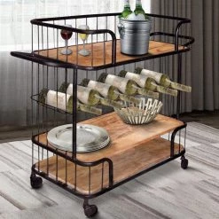 Black and Brown Metal Frame Bar Cart with Wooden Top and 2 Shelves by The Urban Port