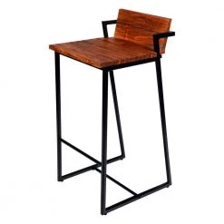 35 in. Brown and Black Low Back Metal Frame Industrial Style Barstool with Acacia Wood Seat by The Urban Port