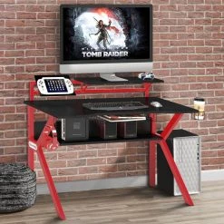 27 in. Black Rectangular Gaming Desk with 2 Shelves and K Shape Leg Support by The Urban Port -The Urban Port Sales black and red the urban port computer desks upt 215118 31 1000