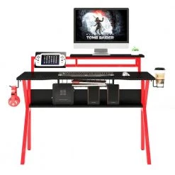 27 in. Black Rectangular Gaming Desk with 2 Shelves and K Shape Leg Support by The Urban Port -The Urban Port Sales black and red the urban port computer desks upt 215118 c3 1000