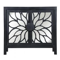Modern Black WoodAccent Cabinet with Flower Design Mirrored Front by The Urban Port