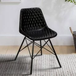 Black Metal Frame Genuine Leather Accent Side Chair with Diamond Stitched by The Urban Port -The Urban Port Sales black the urban port accent chairs upt 263782 31 1000