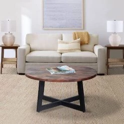 31 in. Brown and Black X-Shape Iron Frame Round Mango Wood Farmhouse Coffee Table by The Urban Port -The Urban Port Sales black the urban port coffee tables upt 262388 d4 1000