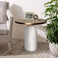 17 in. Brass and White Round Brass Modern Accent End Table with Cylindrical Marble Base by The Urban Port -The Urban Port Sales brass and white the urban port end side tables upt 272904 1d 1000