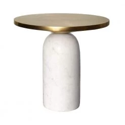 17 in. Brass and White Round Brass Modern Accent End Table with Cylindrical Marble Base by The Urban Port