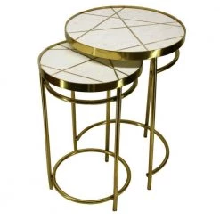 15 in. Brass Inlay and White Round 2-Piece Marble Top Nesting End Table Set with Metal Frame by The Urban Port -The Urban Port Sales brass and white the urban port end side tables upt 272905 44 1000