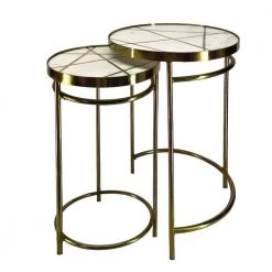 15 in. Brass Inlay and White Round 2-Piece Marble Top Nesting End Table Set with Metal Frame by The Urban Port