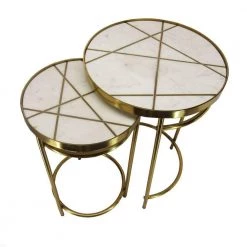 15 in. Brass Inlay and White Round 2-Piece Marble Top Nesting End Table Set with Metal Frame by The Urban Port -The Urban Port Sales brass and white the urban port end side tables upt 272905 fa 1000