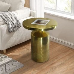 14 in. Glossy Brass Modern Industrial Round Metal Side Accent Table with Pedestal Base by The Urban Port -The Urban Port Sales brass the urban port end side tables upt 272898 76 1000