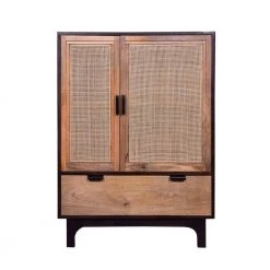 42 in. Brown and Black Mango Wood Armoire Storage Cabinet with 2-Cane Rattan Woven Doors and 1-Drawer by The Urban Port