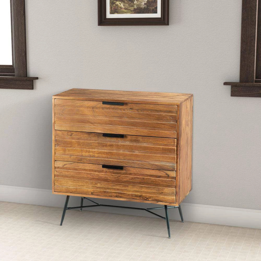 Brown and Black 3-Drawer Wooden Chest with Slanted Metal Base by The Urban Port 3 Brown and Black 3-Drawer Wooden Chest with Slanted Metal Base by The Urban Port - Image 3