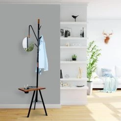 84 In. Brown and Black Metal Coat Stand with Mirror and Wooden Desk by The Urban Port -The Urban Port Sales brown and black the urban port coat racks upt 238072 31 1000