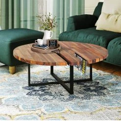 35.4 in. L Brown and Black Round Wooden Top Coffee Table with Metal Base by The Urban Port -The Urban Port Sales brown and black the urban port coffee tables upt 238077 31 1000