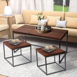 15.8 in. L Brown Solid Wood Rectangular Coffee Table Set with Grain Details and Metal Frame (Set of 3) by The Urban Port -The Urban Port Sales brown and black the urban port coffee tables upt 238080 31 1000