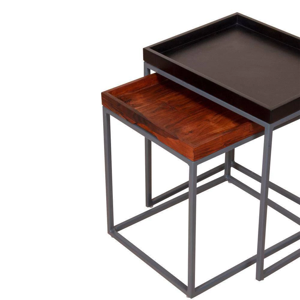 14.1 in. L Brown and Black Wooden Square Tray Top Nesting Table Set with Metal Frame (Set of 2) by The Urban Port 4 14.1 in. L Brown and Black Wooden Square Tray Top Nesting Table Set with Metal Frame (Set of 2) by The Urban Port - Image 4