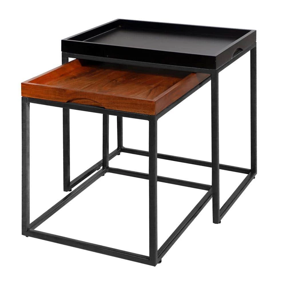 14.1 in. L Brown and Black Wooden Square Tray Top Nesting Table Set with Metal Frame (Set of 2) by The Urban Port 1 14.1 in. L Brown and Black Wooden Square Tray Top Nesting Table Set with Metal Frame (Set of 2) by The Urban Port