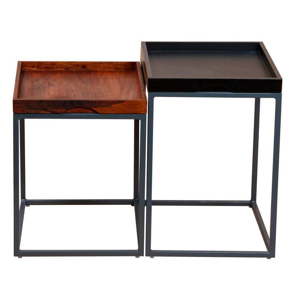 14.1 in. L Brown and Black Wooden Square Tray Top Nesting Table Set with Metal Frame (Set of 2) by The Urban Port 5 14.1 in. L Brown and Black Wooden Square Tray Top Nesting Table Set with Metal Frame (Set of 2) by The Urban Port - Image 5