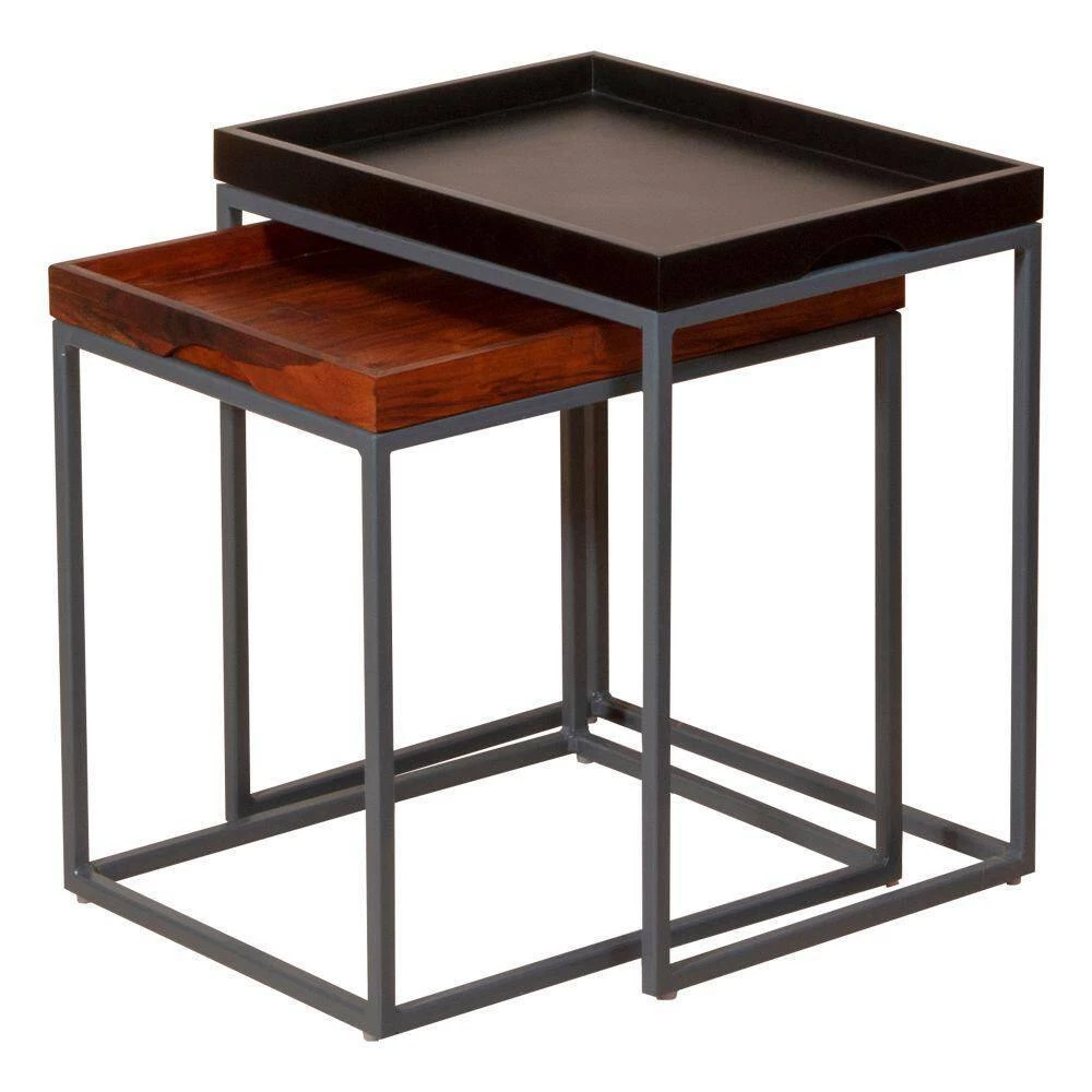 14.1 in. L Brown and Black Wooden Square Tray Top Nesting Table Set with Metal Frame (Set of 2) by The Urban Port 11 14.1 in. L Brown and Black Wooden Square Tray Top Nesting Table Set with Metal Frame (Set of 2) by The Urban Port - Image 11