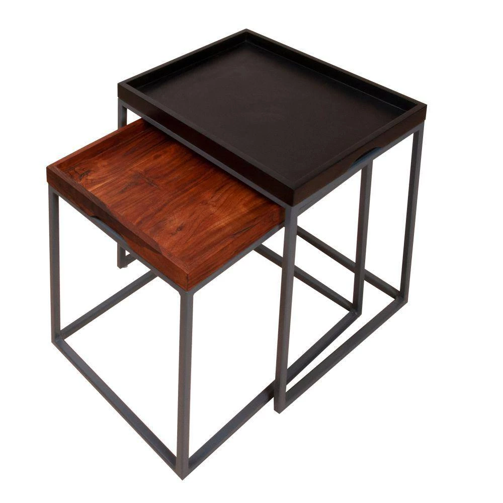 14.1 in. L Brown and Black Wooden Square Tray Top Nesting Table Set with Metal Frame (Set of 2) by The Urban Port 3 14.1 in. L Brown and Black Wooden Square Tray Top Nesting Table Set with Metal Frame (Set of 2) by The Urban Port - Image 3