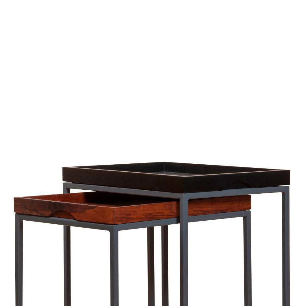 14.1 in. L Brown and Black Wooden Square Tray Top Nesting Table Set with Metal Frame (Set of 2) by The Urban Port 10 14.1 in. L Brown and Black Wooden Square Tray Top Nesting Table Set with Metal Frame (Set of 2) by The Urban Port - Image 10