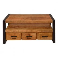 41 in. Brown and Black Rectangle Wooden Farmhouse Coffee Table with Open Shelf and 3-Drawer by The Urban Port