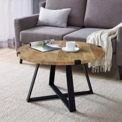 31 in. Brown and Black Round Wooden Coffee Table with Banded Metal Frame by The Urban Port -The Urban Port Sales brown and black the urban port coffee tables upt 247103 31 1000