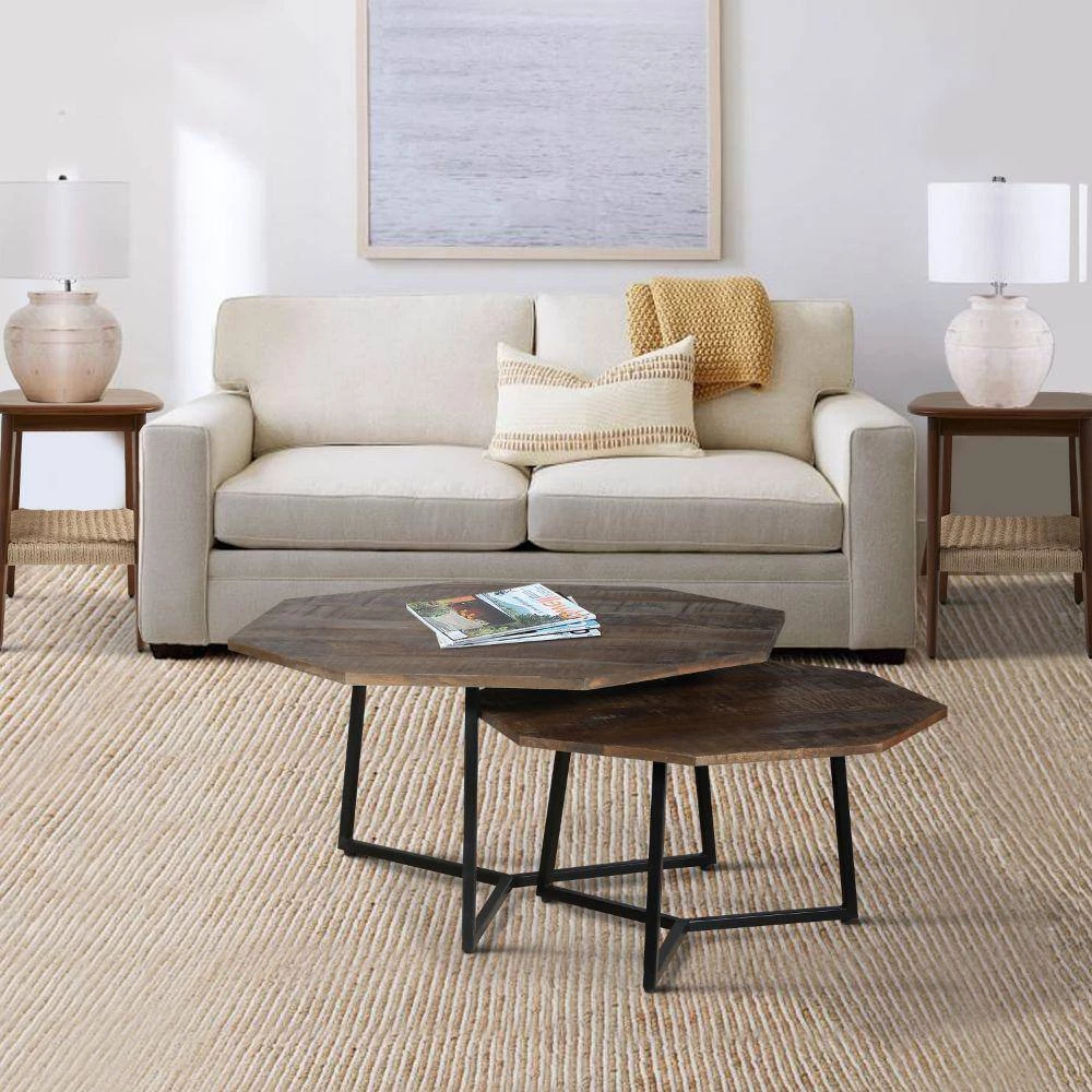 35,28 in. L Brown and Black Mango Wood Octagon Top 2 Piece Nesting Coffee Table Set by The Urban Port 3 35,28 in. L Brown and Black Mango Wood Octagon Top 2 Piece Nesting Coffee Table Set by The Urban Port - Image 3
