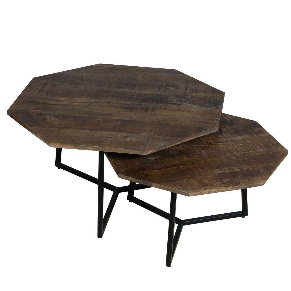 35,28 in. L Brown and Black Mango Wood Octagon Top 2 Piece Nesting Coffee Table Set by The Urban Port 2 35,28 in. L Brown and Black Mango Wood Octagon Top 2 Piece Nesting Coffee Table Set by The Urban Port - Image 2
