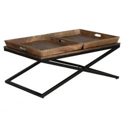 24 in. Brown and Black X-Iron Base 2 Trays Rectangular Mango Wood Farmhouse Coffee Table by The Urban Port -The Urban Port Sales brown and black the urban port coffee tables upt 262389 c3 1000