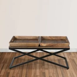 24 in. Brown and Black X-Iron Base 2 Trays Rectangular Mango Wood Farmhouse Coffee Table by The Urban Port -The Urban Port Sales brown and black the urban port coffee tables upt 262389 d4 1000