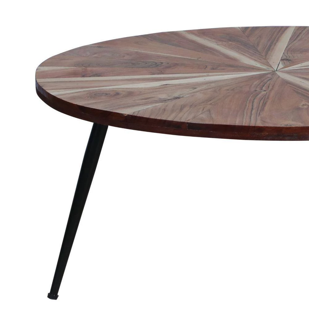 31 in. Brown and Black Round Mango Wood Sunburst Design Tapered Iron Legs Coffee Table by The Urban Port 8 31 in. Brown and Black Round Mango Wood Sunburst Design Tapered Iron Legs Coffee Table by The Urban Port - Image 8