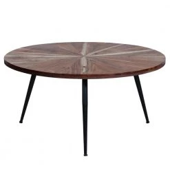 31 in. Brown and Black Round Mango Wood Sunburst Design Tapered Iron Legs Coffee Table by The Urban Port