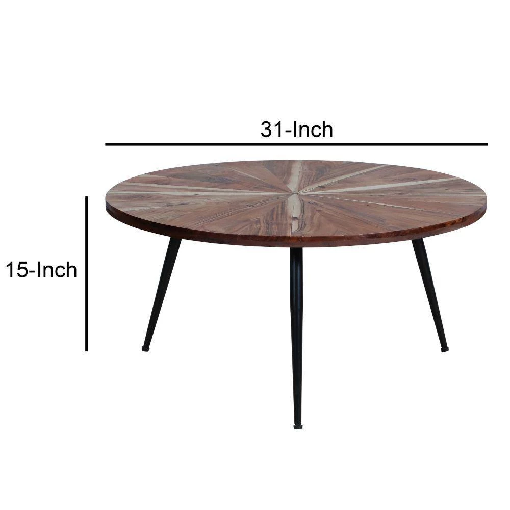 31 in. Brown and Black Round Mango Wood Sunburst Design Tapered Iron Legs Coffee Table by The Urban Port 10 31 in. Brown and Black Round Mango Wood Sunburst Design Tapered Iron Legs Coffee Table by The Urban Port - Image 10