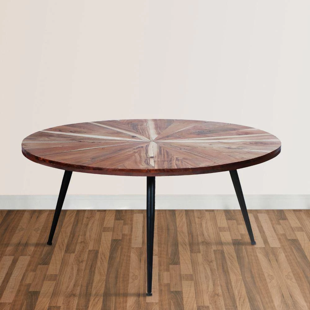 31 in. Brown and Black Round Mango Wood Sunburst Design Tapered Iron Legs Coffee Table by The Urban Port 4 31 in. Brown and Black Round Mango Wood Sunburst Design Tapered Iron Legs Coffee Table by The Urban Port - Image 4