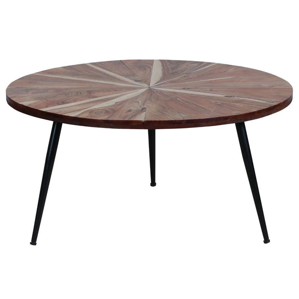 31 in. Brown and Black Round Mango Wood Sunburst Design Tapered Iron Legs Coffee Table by The Urban Port 2 31 in. Brown and Black Round Mango Wood Sunburst Design Tapered Iron Legs Coffee Table by The Urban Port - Image 2