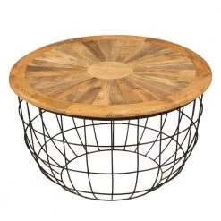 30 in. Brown and Black Round Mango Wood Coffee Table with Wooden Top and Nesting Basket Frame by The Urban Port