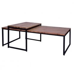 24 in. Brown and Black Rectangular Wood Nesting Coffee and End Table Set with Sled Metal Base (Set of 2) by The Urban Port