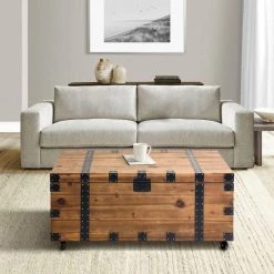 Blake 41 in. Brown and Black Rectangle Solid Wood Trunk Coffee Table with Metal Rivets and Caster Wheels by The Urban Port -The Urban Port Sales brown and black the urban port coffee tables upt 273095 31 1000