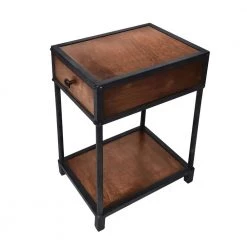 Brown and Black Metal Framed Mango Wood End Table with Drawer and Open Base by The Urban Port