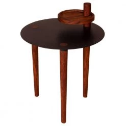 18 in. W Brown and Black Metal Round Top Side Table with Rotatable Tray and Tripod Legs by The Urban Port