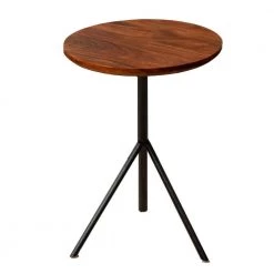 14 in. Walnut Brown and Black Handcrafted Round Acacia Wood End Side Table with Sleek Tripod Metal Base by The Urban Port