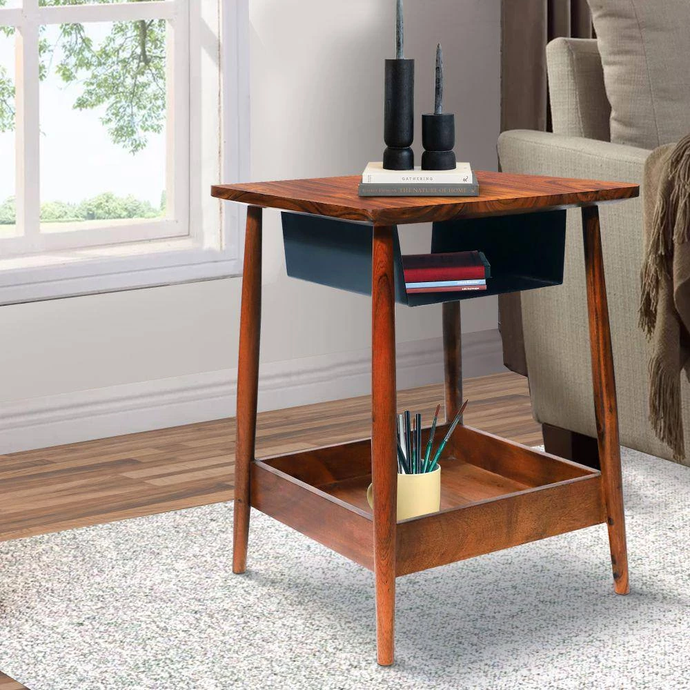 21.5 in. Brown and Black Square Handcrafted 2 Tone Acacia Wood Side Table Nightstand with Metal Cubby and Bottom Shelf by The Urban Port 10 21.5 in. Brown and Black Square Handcrafted 2 Tone Acacia Wood Side Table Nightstand with Metal Cubby and Bottom Shelf by The Urban Port - Image 10