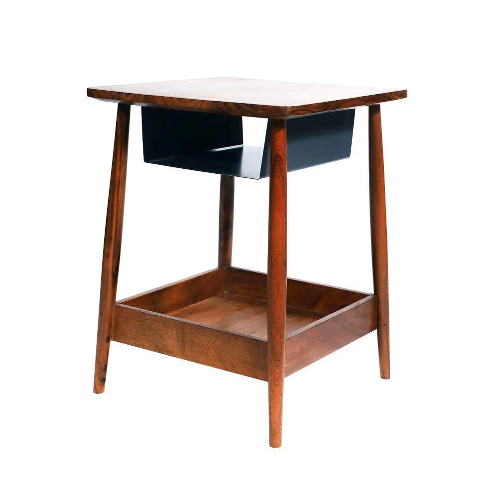 21.5 in. Brown and Black Square Handcrafted 2 Tone Acacia Wood Side Table Nightstand with Metal Cubby and Bottom Shelf by The Urban Port 4 21.5 in. Brown and Black Square Handcrafted 2 Tone Acacia Wood Side Table Nightstand with Metal Cubby and Bottom Shelf by The Urban Port - Image 4