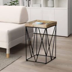 15 in. Brown and Black Mango Wood Square Tray Top V Shape Iron Accent Industrial End Side Table by The Urban Port -The Urban Port Sales brown and black the urban port end side tables upt 262395 77 1000