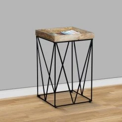 15 in. Brown and Black Mango Wood Square Tray Top V Shape Iron Accent Industrial End Side Table by The Urban Port -The Urban Port Sales brown and black the urban port end side tables upt 262395 d4 1000