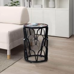 16 in. Brown and Black Lattice Cut Out Iron Frame Round Mango Wood Top End Side Table by The Urban Port -The Urban Port Sales brown and black the urban port end side tables upt 262397 77 1000
