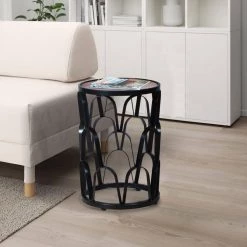 16 in. Brown and Black Lattice Cut Out Iron Frame Round Mango Wood Top End Side Table by The Urban Port -The Urban Port Sales brown and black the urban port end side tables upt 262397 d4 1000