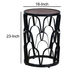 16 in. Brown and Black Lattice Cut Out Iron Frame Round Mango Wood Top End Side Table by The Urban Port -The Urban Port Sales brown and black the urban port end side tables upt 262397 fa 1000