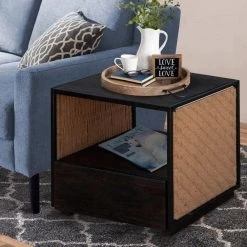 1-Drawer Brown and Black Acacia Wood Side Table Nightstand w/ Woven Jute Side Panels(17.7 in. L x 19.7 in. W x 21 in. H) by The Urban Port -The Urban Port Sales brown and black the urban port nightstands upt 238069 31 1000